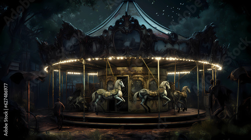 A hauntingly beautiful abandoned amusement park  rusty rides covered in ivy  a full moon casting an eerie glow  a lone carousel with chipped paint and broken horses  evoking a mixture of nostalgia and