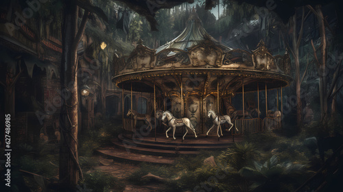 A hauntingly beautiful abandoned amusement park, rusty rides covered in ivy, a full moon casting an eerie glow, a lone carousel with chipped paint and broken horses, evoking a mixture of nostalgia and