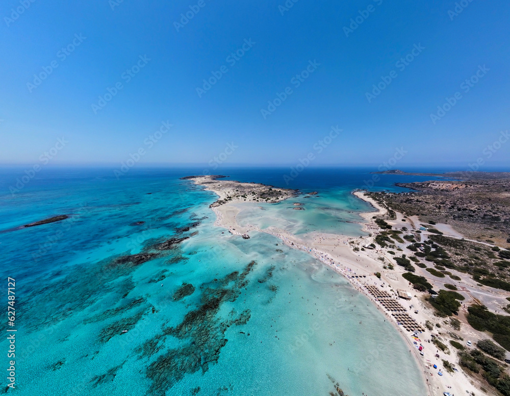Panoramic drone shot over Elafonisi beach - Crete, Greece