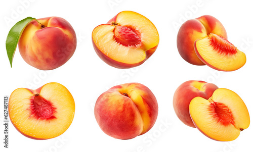 Set of ripe peaches: cut and whole, isolated on a transparent background.
