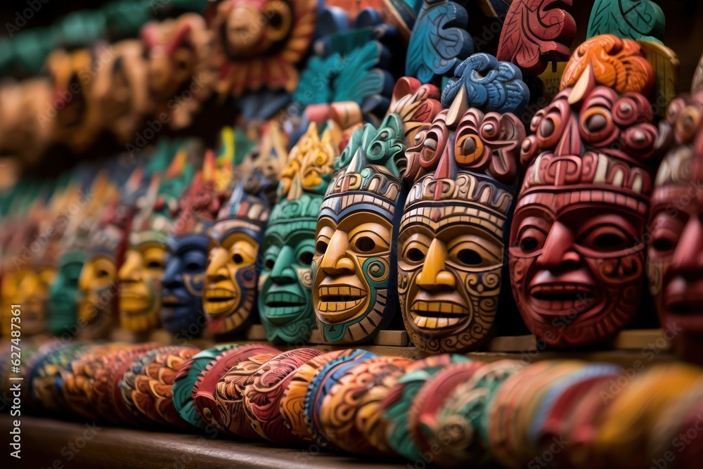 Mayan Colorful Wooden Masks. Mayan Mask. Mayan wooden handcrafted masks in a traditional Mexican market. Made With Generative AI.