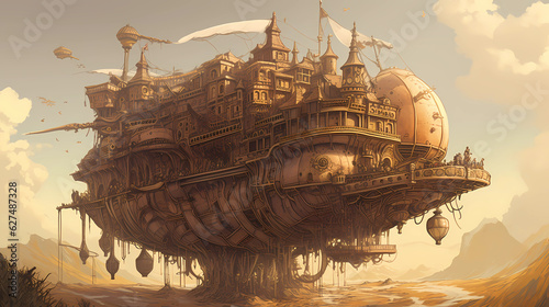 A whimsical steampunk airship soaring through the skies, gears and cogs turning in its metallic body, a crew of adventurers aboard, exploring uncharted territories, Illustration, digital art with intr