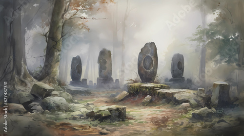 An ancient and mysterious stone circle in the heart of a dense forest, surrounded by tall trees and enigmatic symbols etched into the rocks, a sense of magic and forgotten history lingers in the atmos