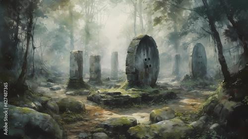 An ancient and mysterious stone circle in the heart of a dense forest, surrounded by tall trees and enigmatic symbols etched into the rocks, a sense of magic and forgotten history lingers in the atmos