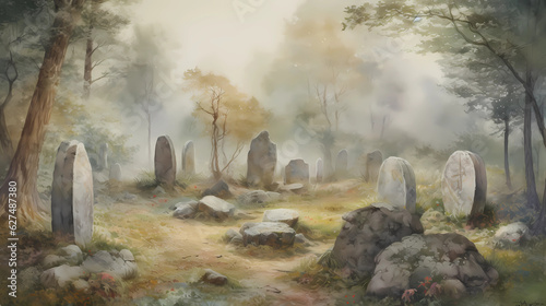 An ancient and mysterious stone circle in the heart of a dense forest, surrounded by tall trees and enigmatic symbols etched into the rocks, a sense of magic and forgotten history lingers in the atmos
