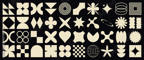 Big vector set of brutalist geometric shapes. Trendy abstract minimalist figures, stars, flowes, circles. Modern abstract graphic design elements.Vector illustration