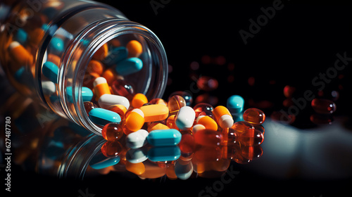 Prescription opioids, with bottles of many pills on the mirror table. Concepts of addiction, opioid crisis, overdose and doctor shopping. High quality image