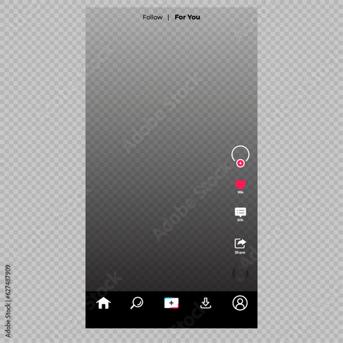 TikTok interface with transparent background - Tiktok. Tik tok mobile App interface template on Apple iPhone mockup. Mockup page template. Editorial vector illustration