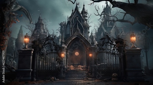 Gloomy Cemetery Halloween. Generative AI © MiaStendal