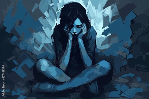 A teenager sitting on the floor battles her mental health issues.Between Fears and Tears: The Heartbreaking portrait of the inner struggle of mental illnesses,Generative AI
