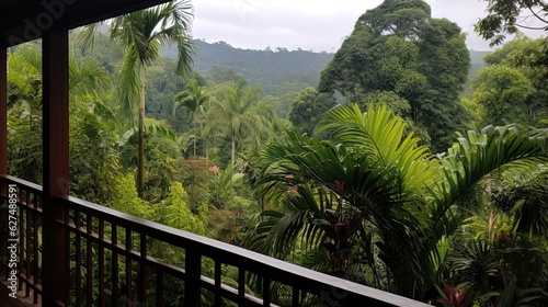 Balcony overlooking exotic tropical forest  sunny day. Generative AI