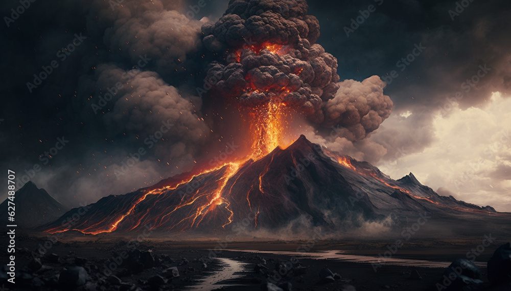 illustration of an erupting volcano. Generative AI
