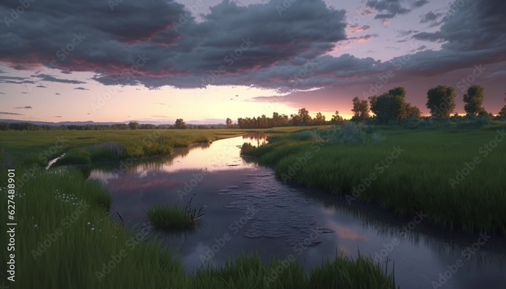 beautiful landscape with a river at sunset. Generative AI