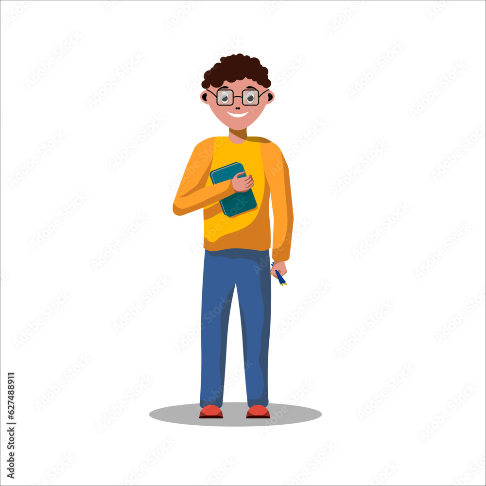 vector illustration of a man or boy smiling with a pencil and book