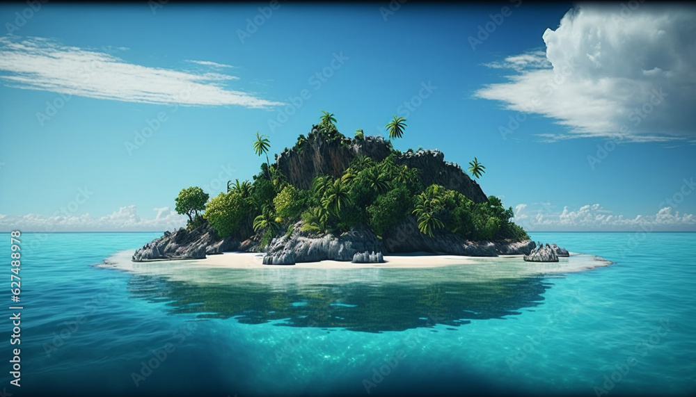 Fototapeta premium island with tropical trees and ocean. Generative AI