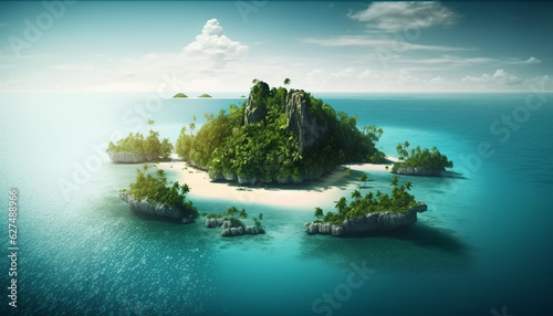 island with tropical trees and ocean. Generative AI