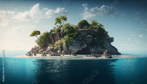 island with tropical trees and ocean. Generative AI