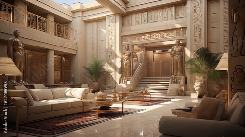 Modern interior in Ancient Egyptian style, sunny day. Generative AI © MiaStendal