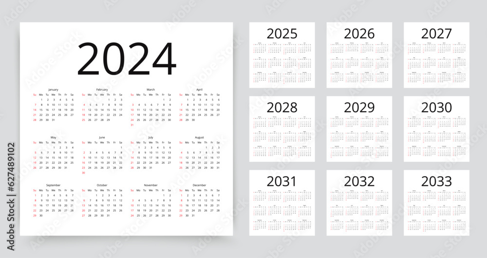 Vecteur Stock Calendar for 2024, 2025, 2026, 2027, 2028, 2029, 2030 Vecteur Stock Calendar for 2024, 2025, 2026, 2027, 2028, 2029, 2030