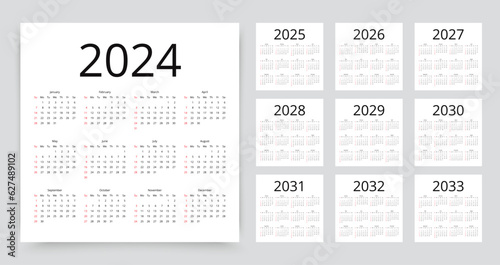 Calendar for 2024, 2025, 2026, 2027, 2028, 2029, 2030, 2031, 2032, 2033 years. Planner layout with 12 months. Calender template. Week starts Sunday. Yearly organizer in English. Vector illustration