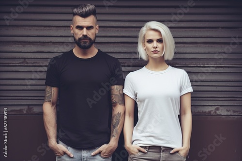 Man and woman wearing blank white and black t-shirt