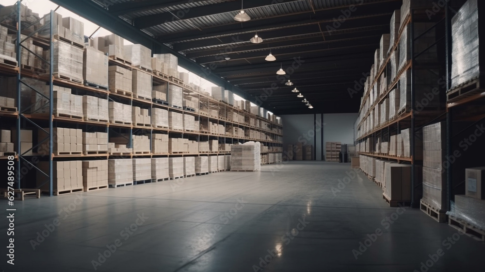 Large warehouse with boxes. Generative AI Large warehouse with boxes. Generative AI