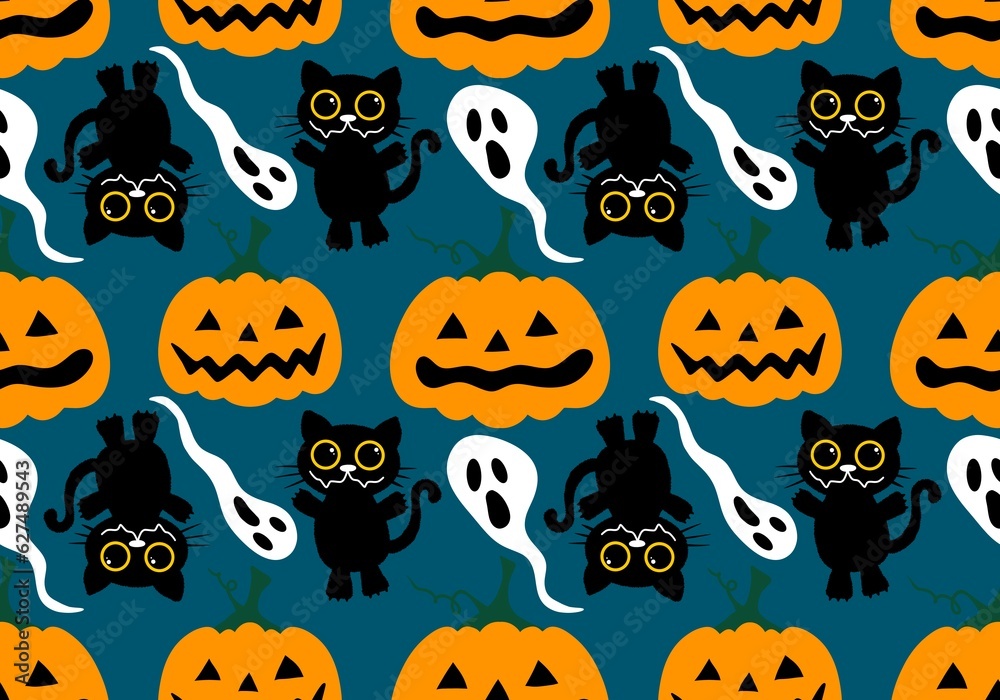 Halloween autumn harvest season pumpkins and cat pattern for wrapping paper and kids clothes print and festive Halloween autumn harvest season pumpkins and cat pattern for wrapping paper and kids clothes print and festive