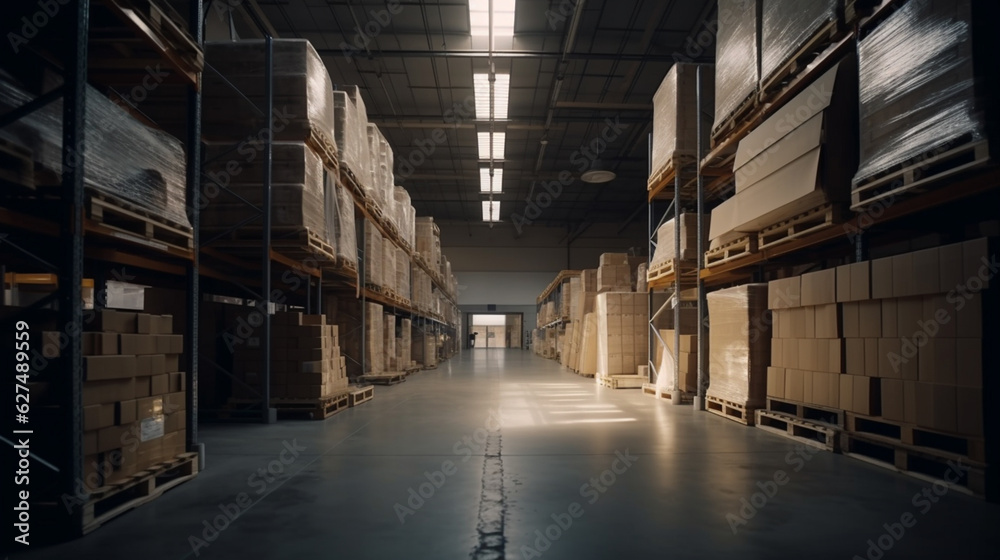 Large warehouse with boxes. Generative AI
