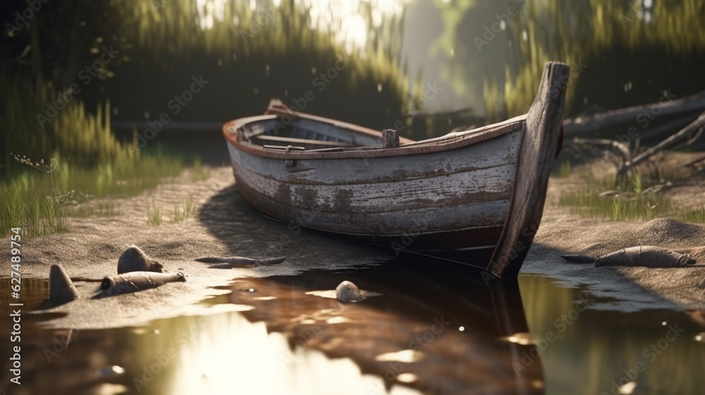 wooden boat on the shore. Generative AI