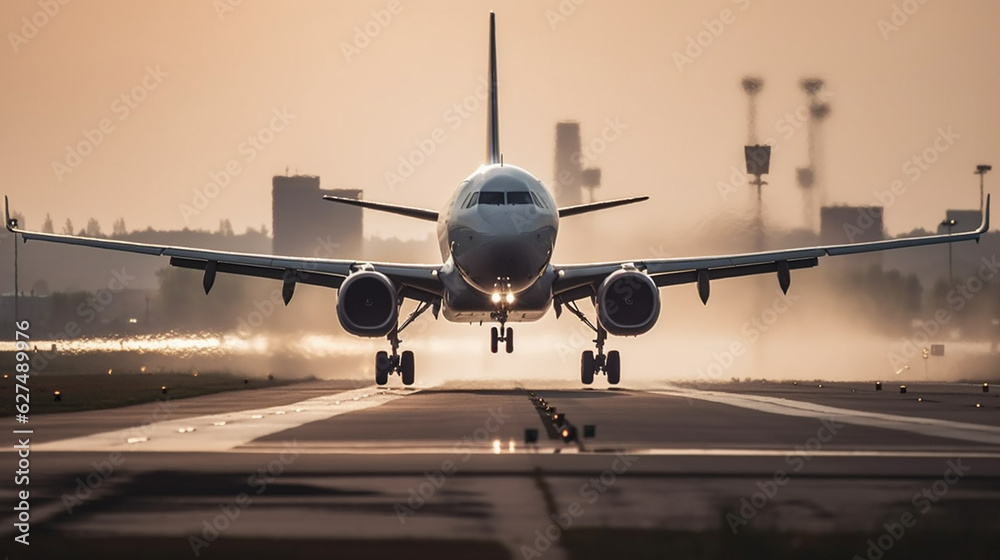 Naklejka premium passenger plane on the runway. Generative AI