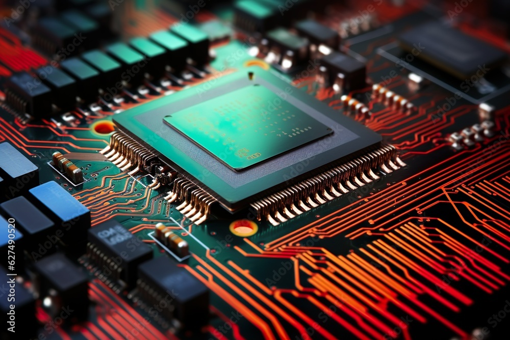 Small microprocessor, microcontroller chip on generic modern desktop PC computer motherboard, object macro, extreme closeup, shallow dof, nobody Electrical components shortage concept | Generative AI Small microprocessor, microcontroller chip on generic modern desktop PC computer motherboard, object macro, extreme closeup, shallow dof, nobody Electrical components shortage concept | Generative AI