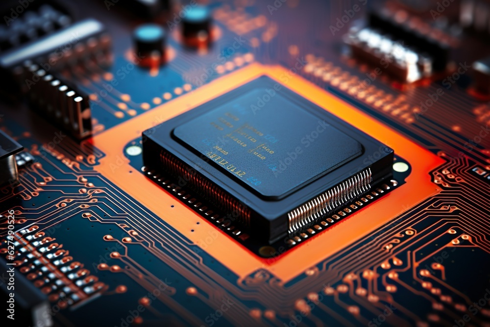 Small microprocessor, microcontroller chip on generic modern desktop PC computer motherboard, object macro, extreme closeup, shallow dof, nobody Electrical components shortage concept | Generative AI