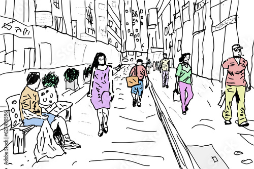 sketch of people on the street in the city