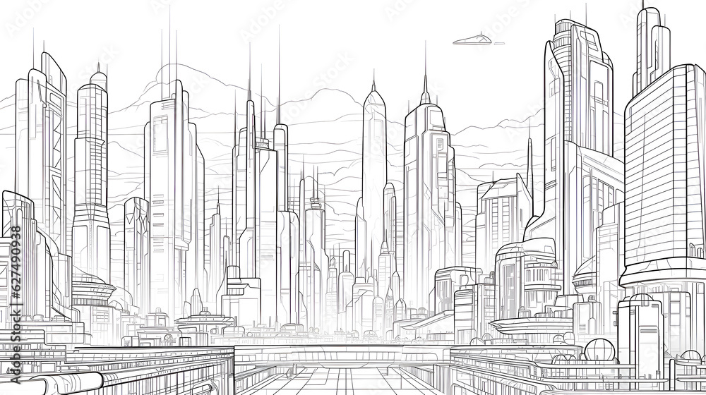 Beautiful futuristic cityscape, City of the future with skyscrapers sketch  
