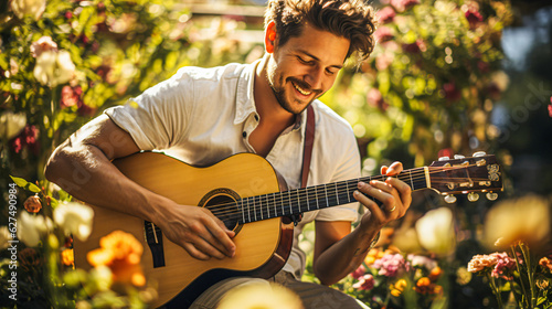 man playing guitare in the garden at a sunny day photo