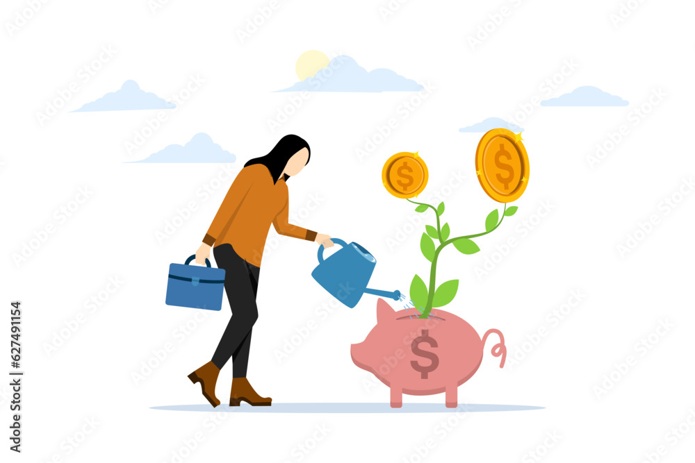 concept Investment growth is investment or income. strategies and techniques across asset types. success in wealth management. Businesswoman, investor watering money growing from piggy bank. concept Investment growth is investment or income. strategies and techniques across asset types. success in wealth management. Businesswoman, investor watering money growing from piggy bank.