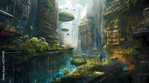 A futuristic cityscape where nature has reclaimed urban structures  skyscrapers entwined with lush vegetation and waterfalls cascading down  showcasing the harmony of nature and technology  Artwork  m