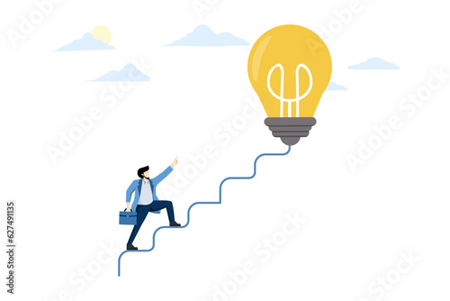 Creativity concept for business idea, thinking and brainstorming for new idea or opportunity, career path or goal achievement, entrepreneur start walking electric path as ladder to big idea light bulb