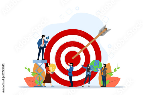 Business vision concept. moving motivation, target achievement, People running to their goal with big target, teamwork, successful contract teamwork. Modern illustration in flat style for landing page