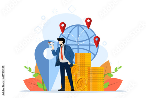 Business industry concept, franchising, bizopp, distribution. Businessman standing with shop and buying franchise remotely. Buying a completed business. Flat vector illustration on background.