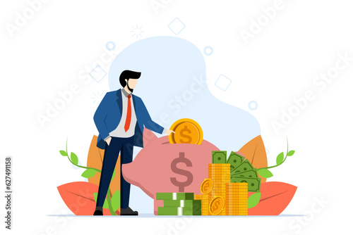 Financial management, businessman saving money in piggy bank concept, saving money, Businessman with saving investment in successful future. banknotes, receipts. flat vector illustration.