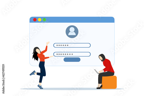 Registration or register user interface. People use secure logins and passwords, authorization of account data. Characters use personal data security. Online registration forms mobile technology.