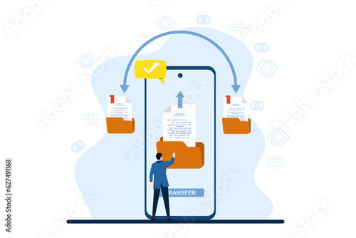 Data transfer and document concept with characters. File copy, data exchange, app synchronization, file sharing via internet. Modern vector illustration in flat style on a white background.