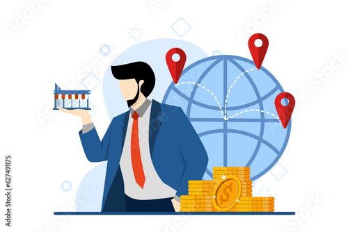Business industry concept, franchising, bizopp, distribution. Businessman with shop in hand and buying franchise remotely. Buying a completed business. Flat vector illustration in background.