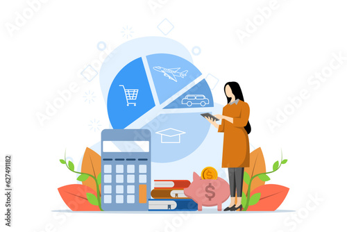 Concept of budget, financial control, dates, finance, personal budget, family money. Personal budget illustration. woman draws up a family budget, divides expenditure items. Vector flat cartoon design