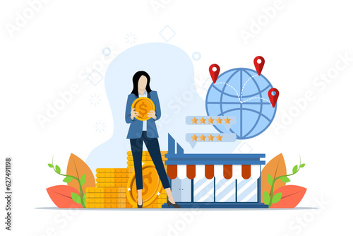 Business industry concept, franchising, bizopp, distribution. Businesswoman standing with coins and buying franchise remotely. Buying a finished business. Flat vector illustration in background.