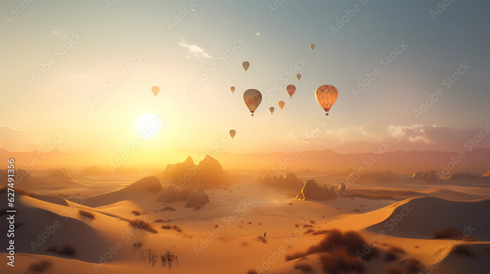 A surreal and dreamlike desert landscape, with sand dunes stretching into the horizon, a floating oasis suspended in the air, and a golden sun casting long shadows, evoking a sense of mystery and expl