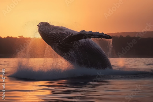 A majestic humpback whale breaching out of the ocean against a stunning sunset backdrop, showcasing the beauty of marine life. Is AI Generative. © sorapop