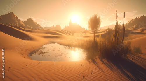 A surreal and dreamlike desert landscape  with sand dunes stretching into the horizon  a floating oasis suspended in the air  and a golden sun casting long shadows  evoking a sense of mystery and expl