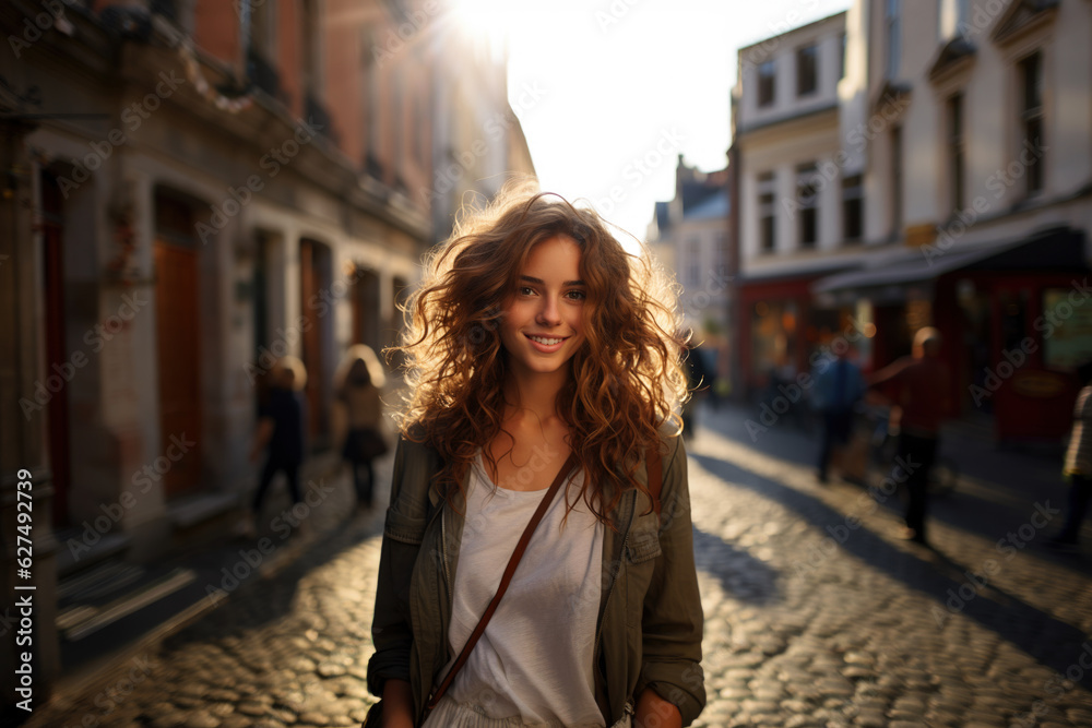 Young beautiful woman portrait, tourist in casual clothes is sightseeing on the street of european city in summer, travel and tourism concept